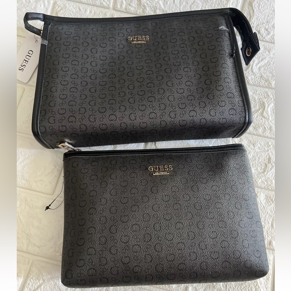 NEW 2 PC GUESS BLACK , LOGO DESIGN,TRAVEL BAG,COSMETIC POUCH